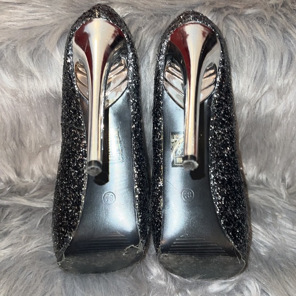 Red Kiss Black & Silver Glitter Dora Platform Peep Toe Heels size 8.5 - Picture 2 of 11
